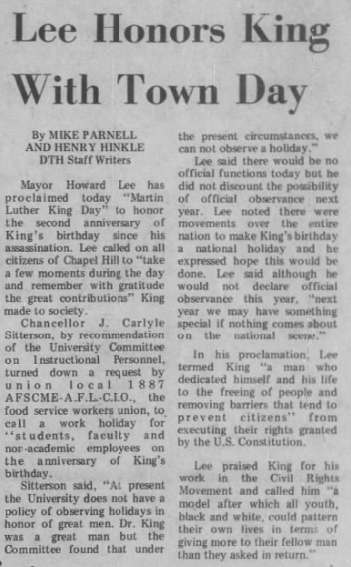 Howard Lee Honors King Day. Daily Tar Heel. January 15, 1970.